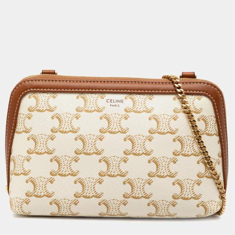 Pre Owned Celine White Triomphe Coated Canvas Clutch On Chain