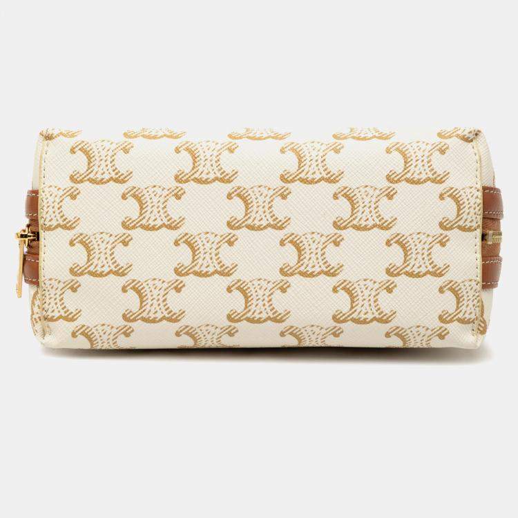 Pre Owned Celine White Triomphe Coated Canvas Clutch On Chain