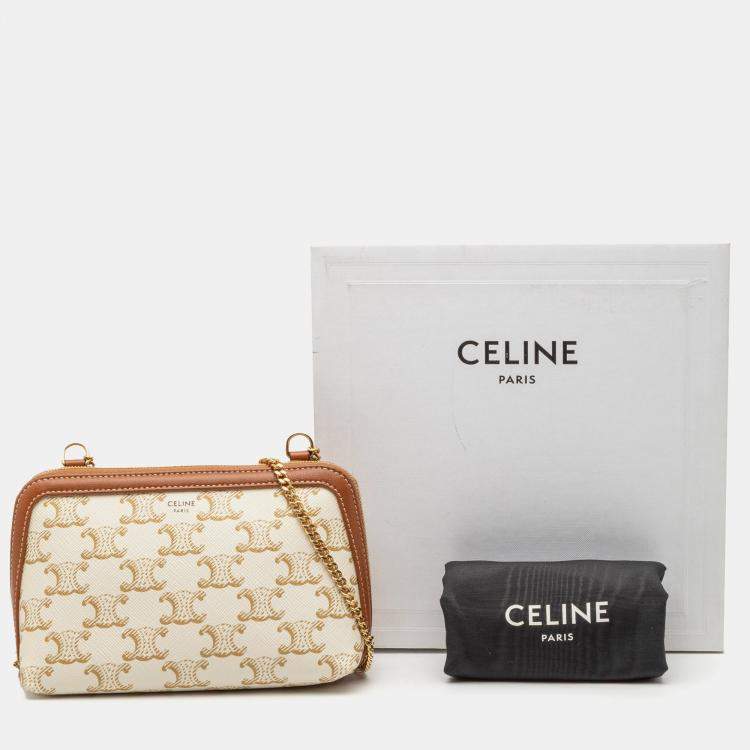 Pre Owned Celine White Triomphe Coated Canvas Clutch On Chain