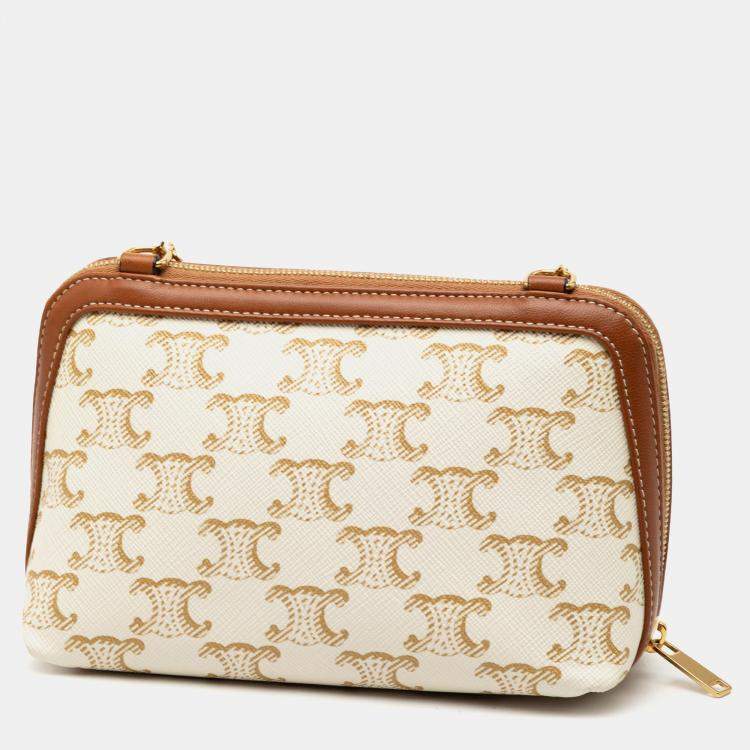 Pre Owned Celine White Triomphe Coated Canvas Clutch On Chain