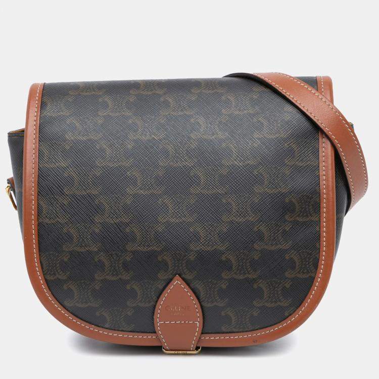 Pre Owned Celine Brown Medium Triomphe Coated Canvas Folco Crossbody