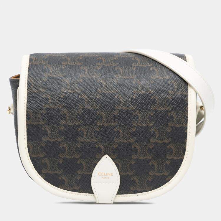 Pre Owned Celine Brown White Medium Triomphe Coated Canvas Folco Crossbody