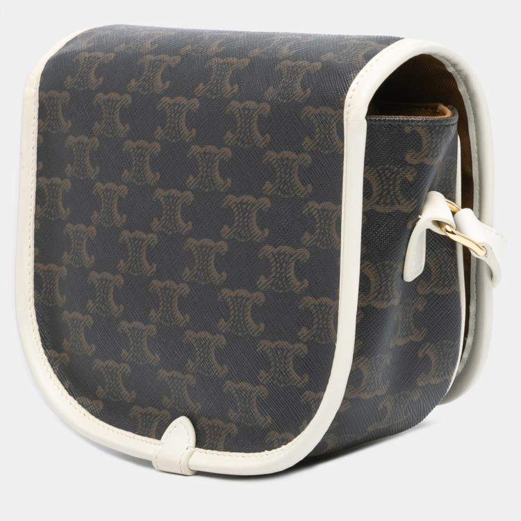 Pre Owned Celine Brown White Medium Triomphe Coated Canvas Folco Crossbody