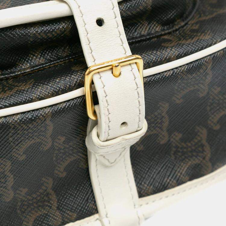 Pre Owned Celine Brown White Medium Triomphe Coated Canvas Folco Crossbody