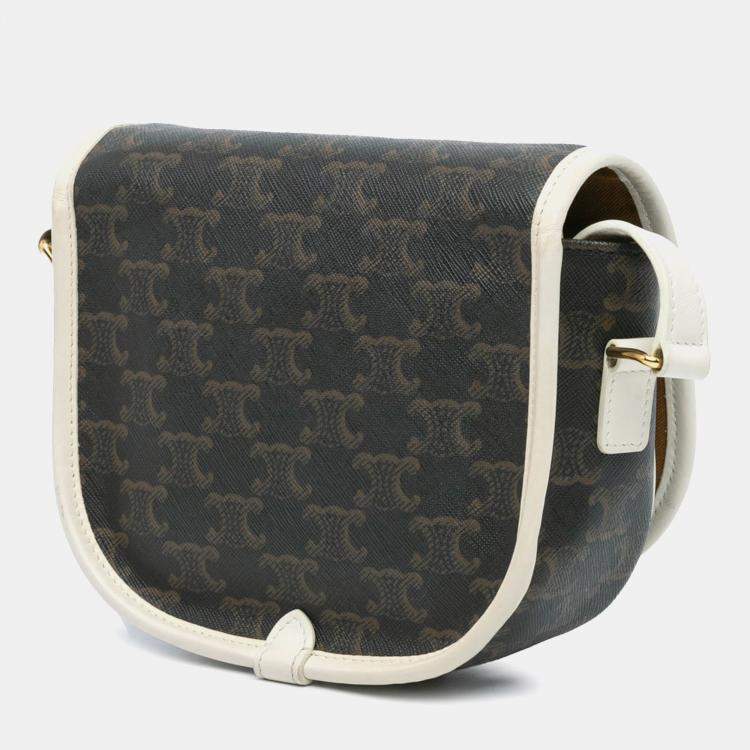 Pre Owned Celine Brown White Medium Triomphe Coated Canvas Folco Crossbody