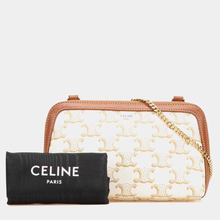 مملوكة مسبقًا Celine White Triomphe Coated Canvas Clutch On Chain