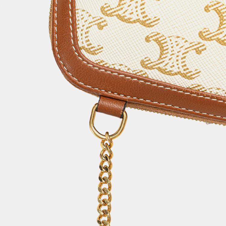 مملوكة مسبقًا Celine White Triomphe Coated Canvas Clutch On Chain