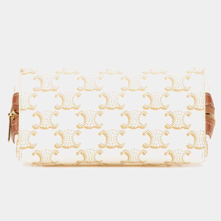 مملوكة مسبقًا Celine White Triomphe Coated Canvas Clutch On Chain