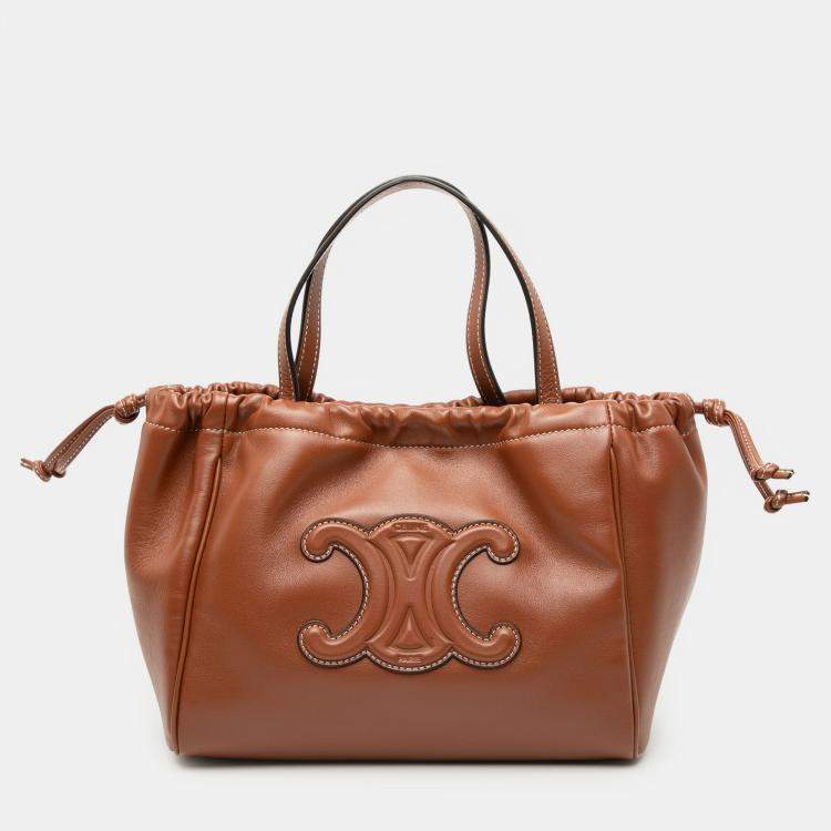 Pre Owned Celine Brown Small Calfskin Cuir Triomphe Cabas Drawstring Satchel