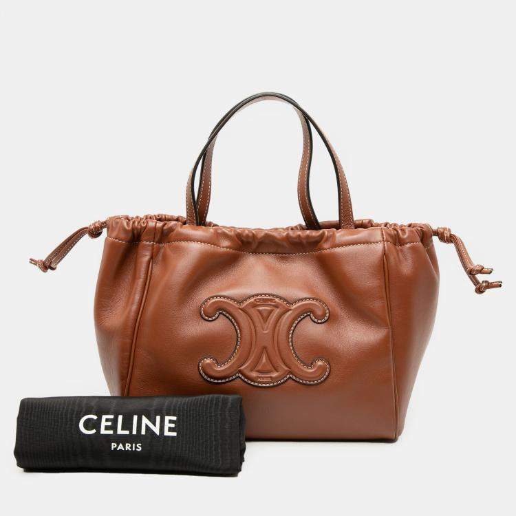 Pre Owned Celine Brown Small Calfskin Cuir Triomphe Cabas Drawstring Satchel