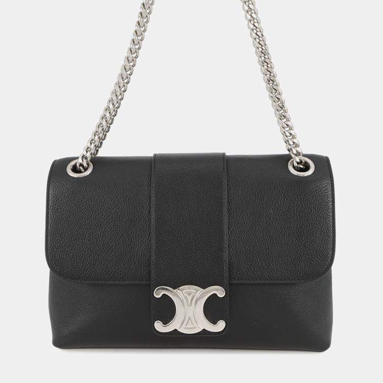 Pre Owned Celine Victoire Chain Shoulder Bag Black Calf Leather Size Medium