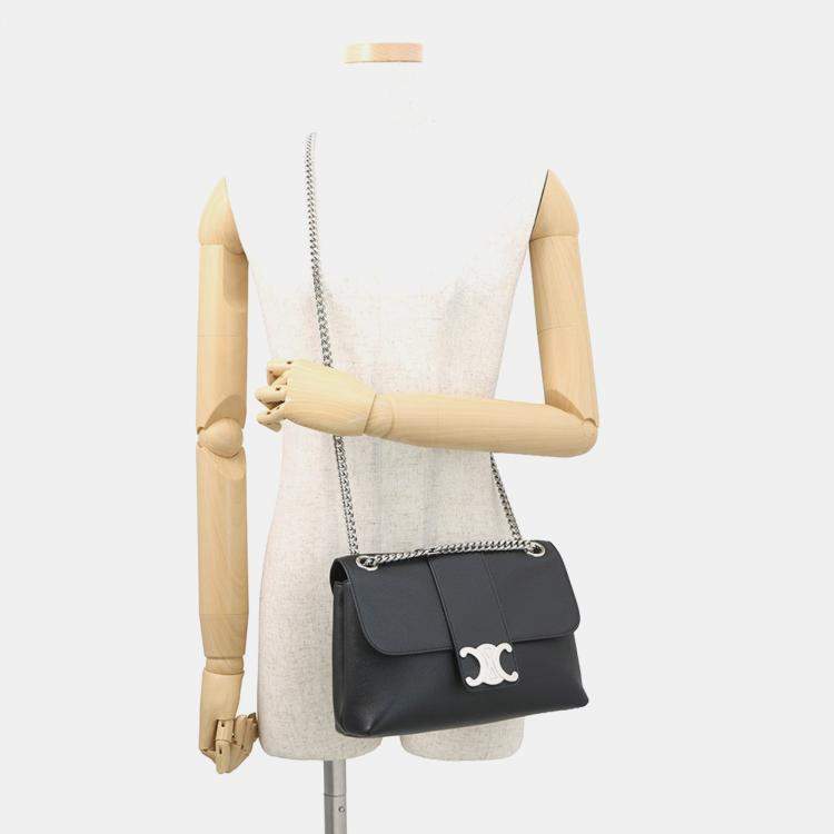 Pre Owned Celine Victoire Chain Shoulder Bag Black Calf Leather Size Medium