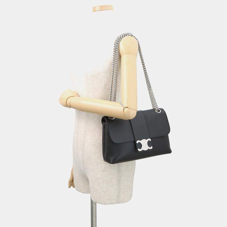 Pre Owned Celine Victoire Chain Shoulder Bag Black Calf Leather Size Medium