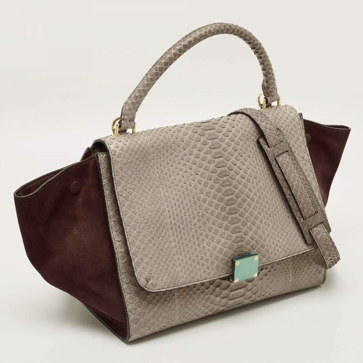 Pre Owned Celine Trapeze Medium Grey/Burgundy Python and Suede Top Handle Bag