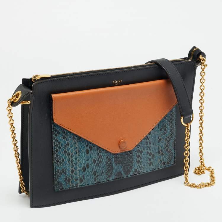 Pre Owned Celine Pocket Envelope Tricolor Leather and Python Chain Pouch