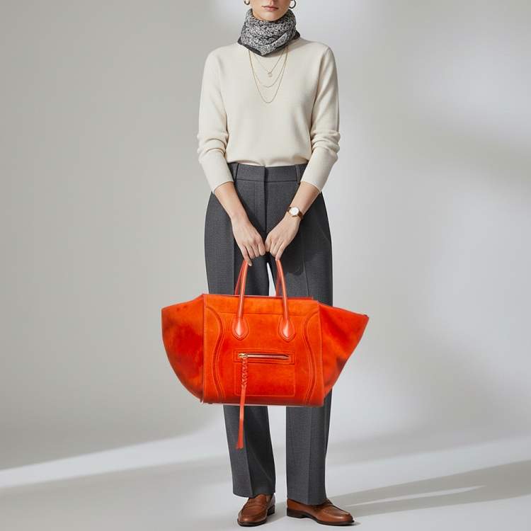 Pre Owned Celine Phantom Luggage Medium Orange Suede Tote