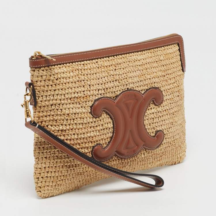 Pre Owned Celine Triomphe Zip Brown/Natural Raffia and Leather Pouch