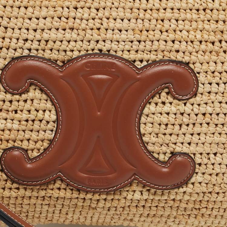 Pre Owned Celine Triomphe Zip Brown/Natural Raffia and Leather Pouch