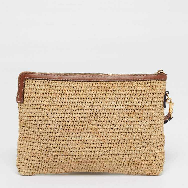 Pre Owned Celine Triomphe Zip Brown/Natural Raffia and Leather Pouch