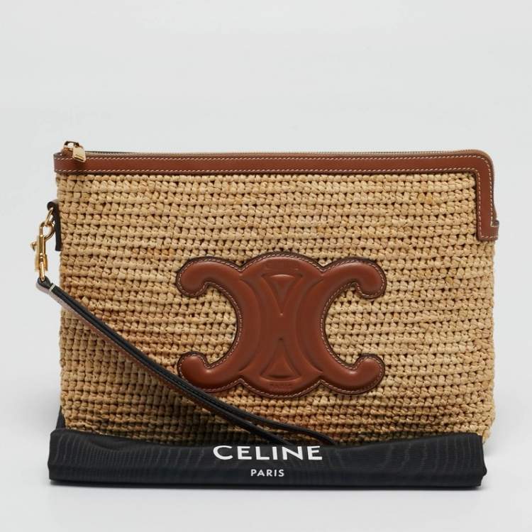 Pre Owned Celine Triomphe Zip Brown/Natural Raffia and Leather Pouch