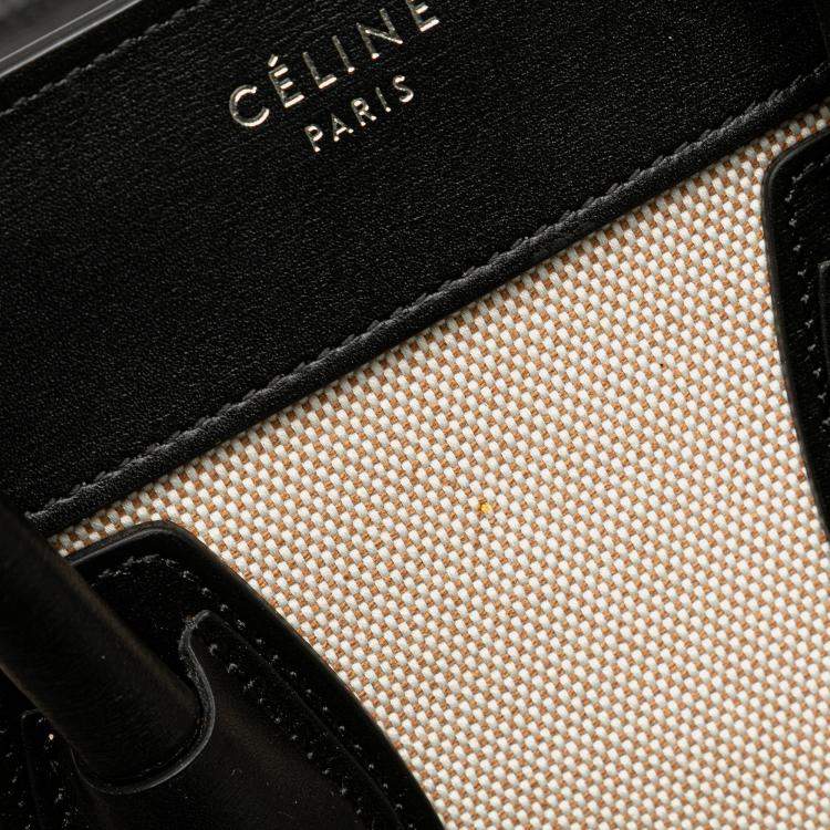 Pre Owned Celine Black Brown Micro Bicolor Leather Trimmed Canvas Luggage Tote