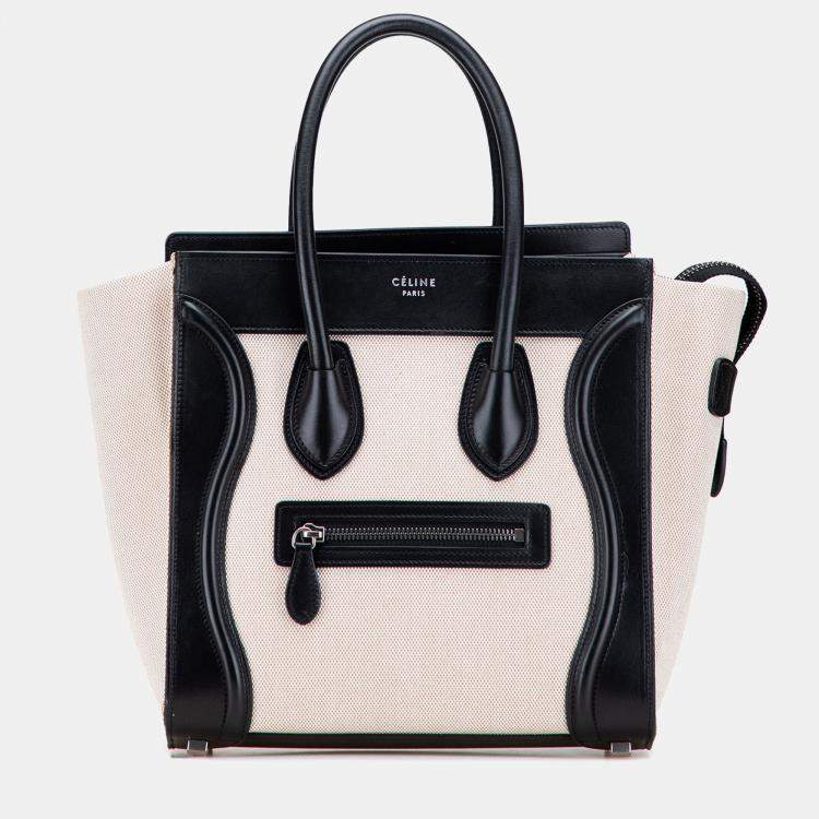 Pre Owned Celine Black Brown Micro Bicolor Leather Trimmed Canvas Luggage Tote