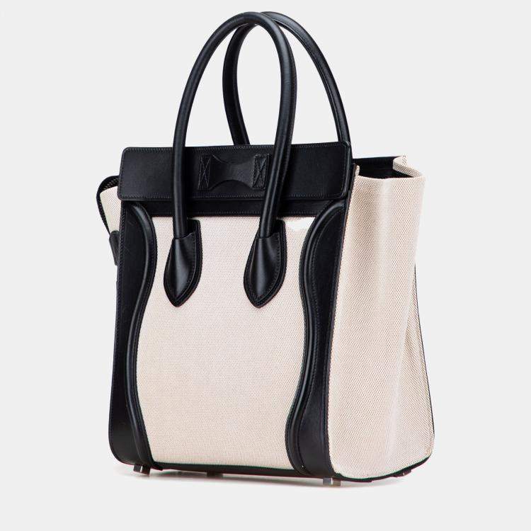 Pre Owned Celine Black Brown Micro Bicolor Leather Trimmed Canvas Luggage Tote