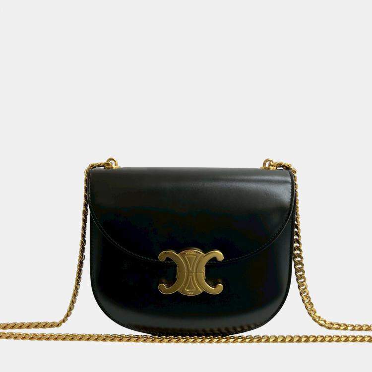 Pre Owned Celine Black Teen Shiny Calfskin Triomphe Besace Clea Chain Crossbody