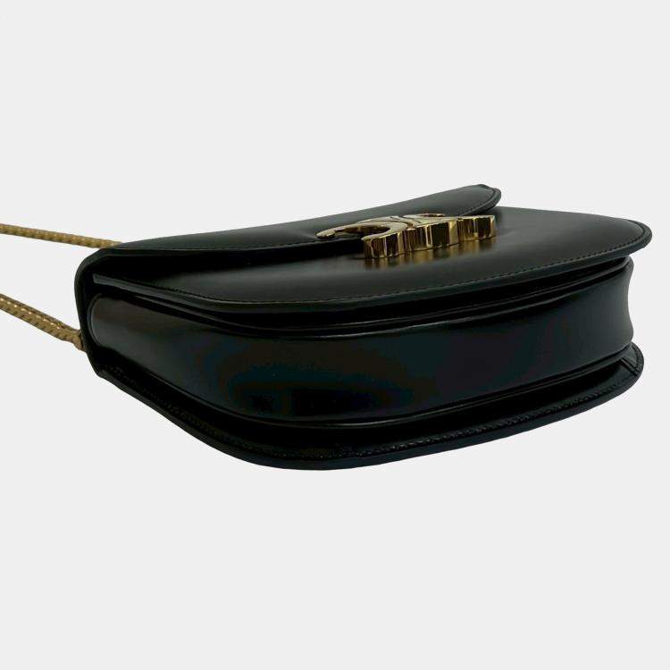 Pre Owned Celine Black Teen Shiny Calfskin Triomphe Besace Clea Chain Crossbody