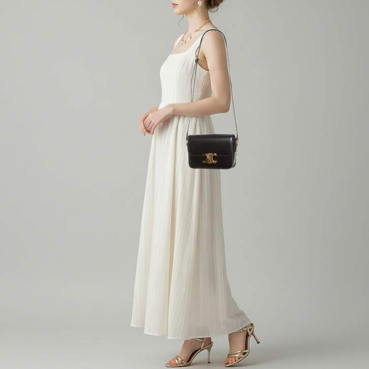 Pre Owned Celine Triomphe Teen Black Shiny Leather Shoulder Bag