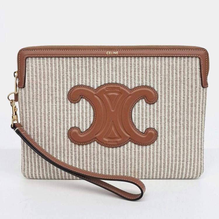 Pre Owned Celine Beige Brown Fabric and Leather Triumph Clutch