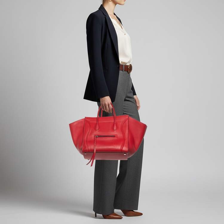 Pre Owned Celine Red Leather Medium Phantom Luggage Tote
