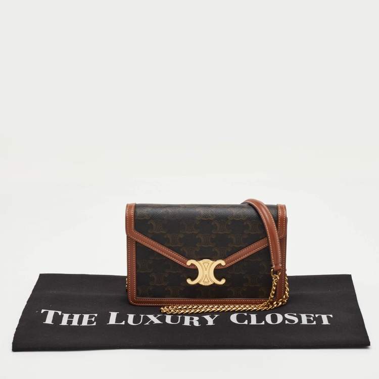 Pre Owned Celine Margo Brown/Tan Triomphe Coated Canvas and Leather Wallet on Chain