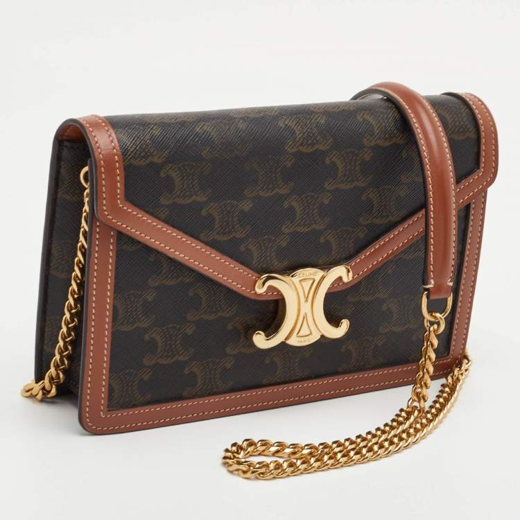 Pre Owned Celine Margo Brown/Tan Triomphe Coated Canvas and Leather Wallet on Chain