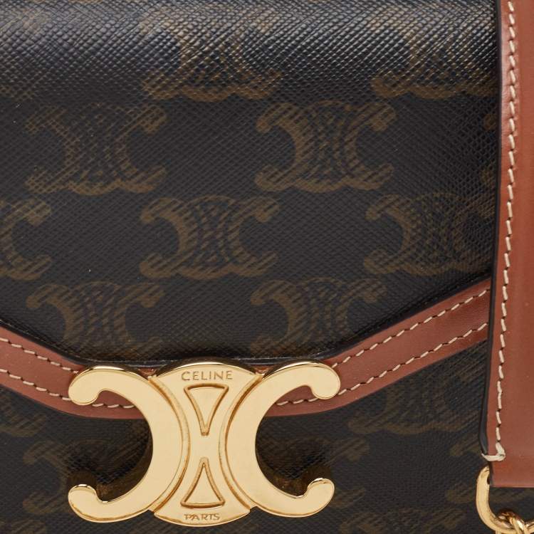 Pre Owned Celine Margo Brown/Tan Triomphe Coated Canvas and Leather Wallet on Chain