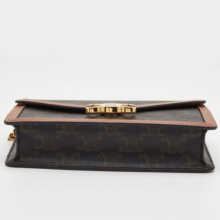 Pre Owned Celine Margo Brown/Tan Triomphe Coated Canvas and Leather Wallet on Chain