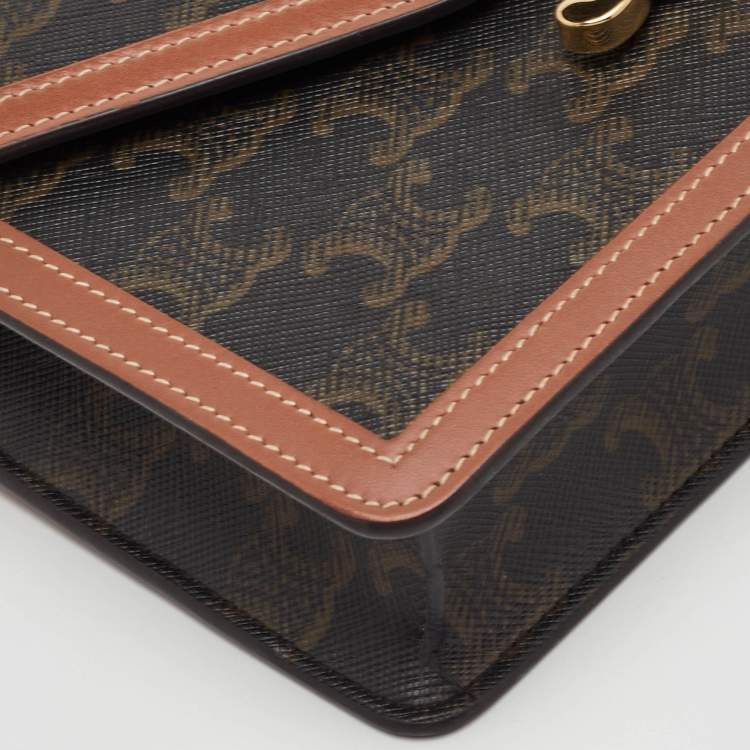 Pre Owned Celine Margo Brown/Tan Triomphe Coated Canvas and Leather Wallet on Chain