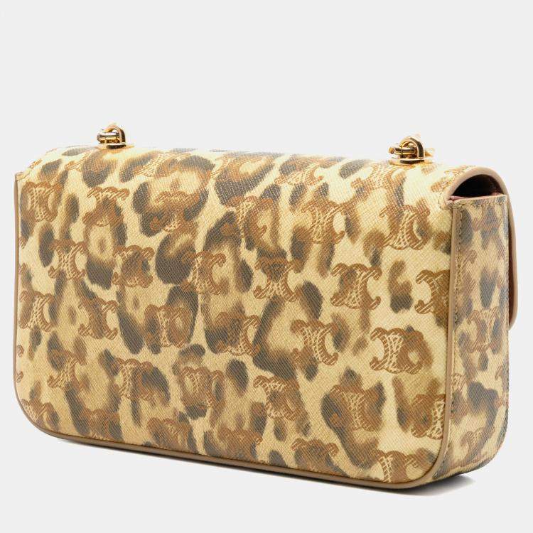 Pre Owned Celine Brown Calfskin Leopard Print Claude Chain Shoulder Bag