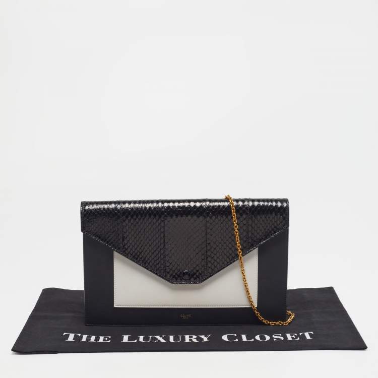 Pre Owned Celine Pocket Envelope Black/White Leather and Snakeskin Chain Clutch