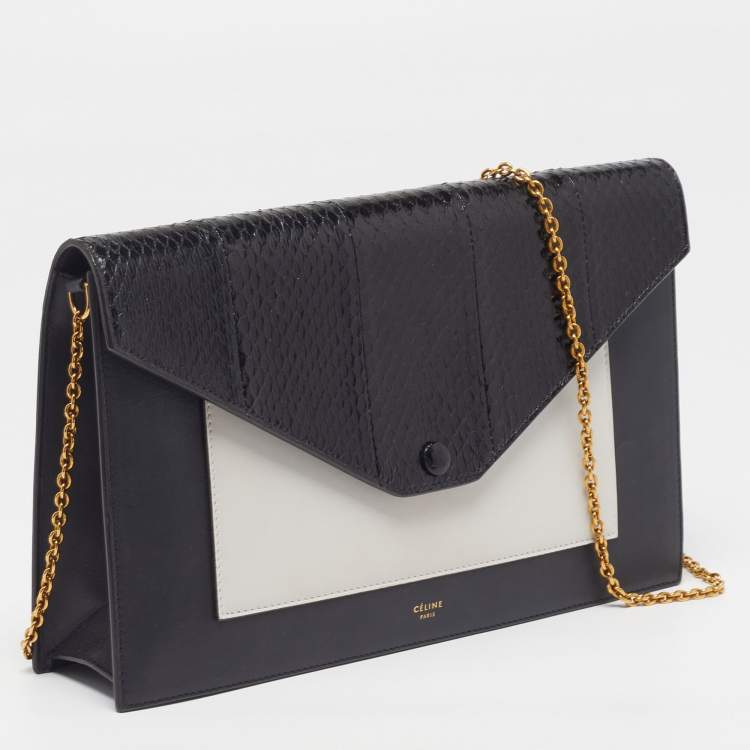 Pre Owned Celine Pocket Envelope Black/White Leather and Snakeskin Chain Clutch