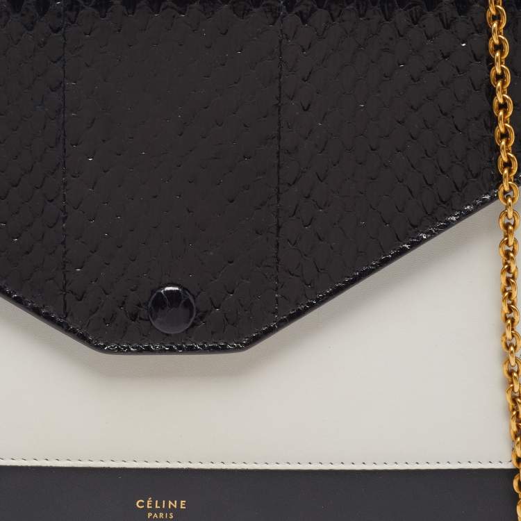 Pre Owned Celine Pocket Envelope Black/White Leather and Snakeskin Chain Clutch