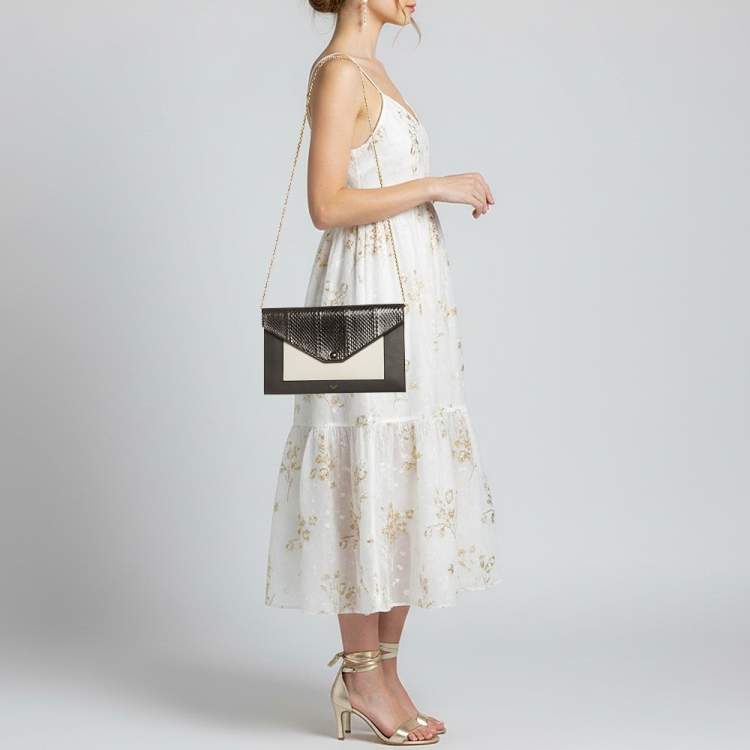 Pre Owned Celine Pocket Envelope Black/White Leather and Snakeskin Chain Clutch