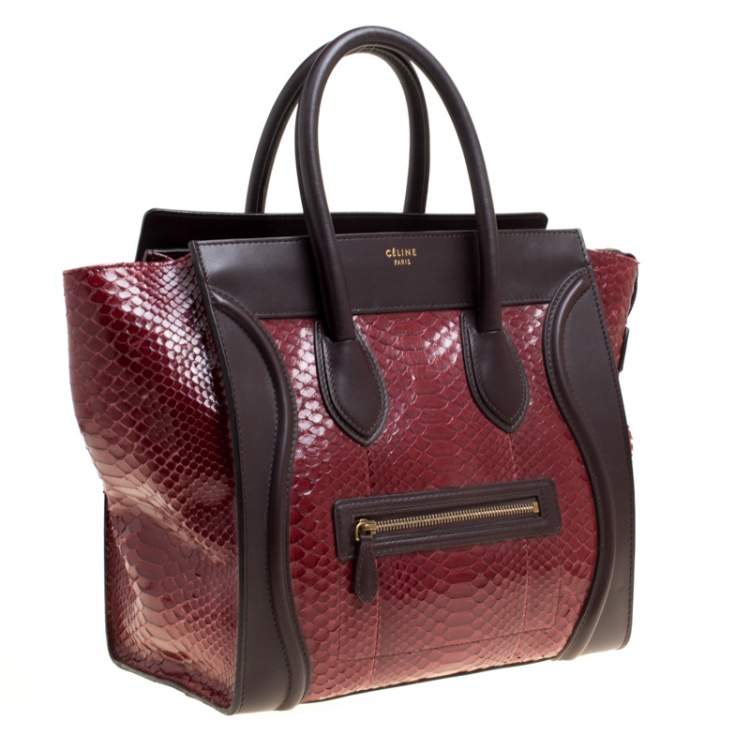 Pre Owned Celine Burgundy/Brown Python and Leather Mini Luggage Tote