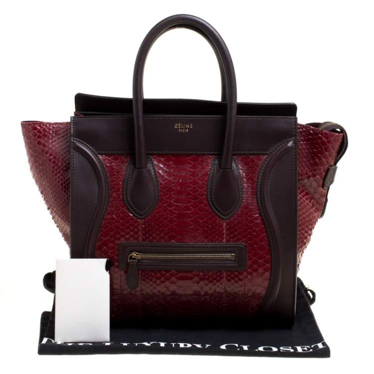 Pre Owned Celine Burgundy/Brown Python and Leather Mini Luggage Tote