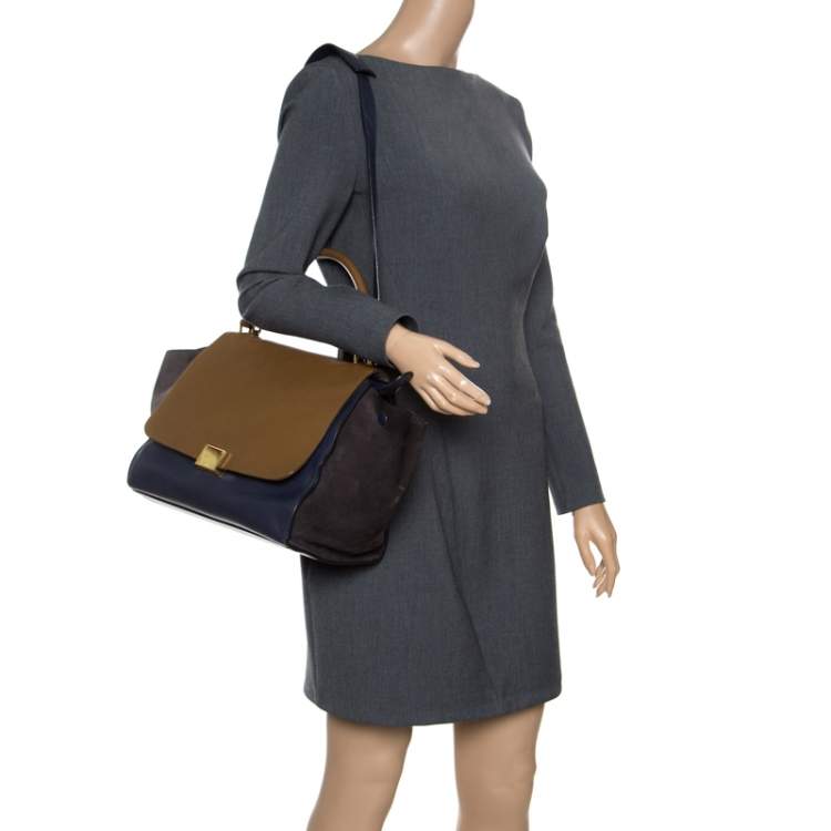 Pre Owned Celine Tricolor Leather and Suede Medium Trapeze Top Handle Bag