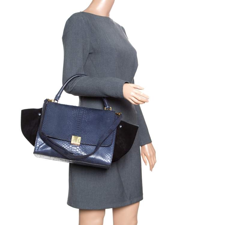 Pre Owned Celine Blue/Black Python and Suede Medium Trapeze Bag
