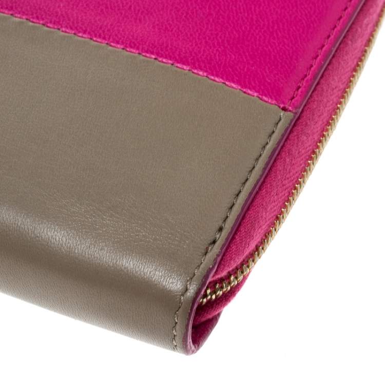 Pre Owned Celine Pink/Beige Leather Zip Around Compact Wallet