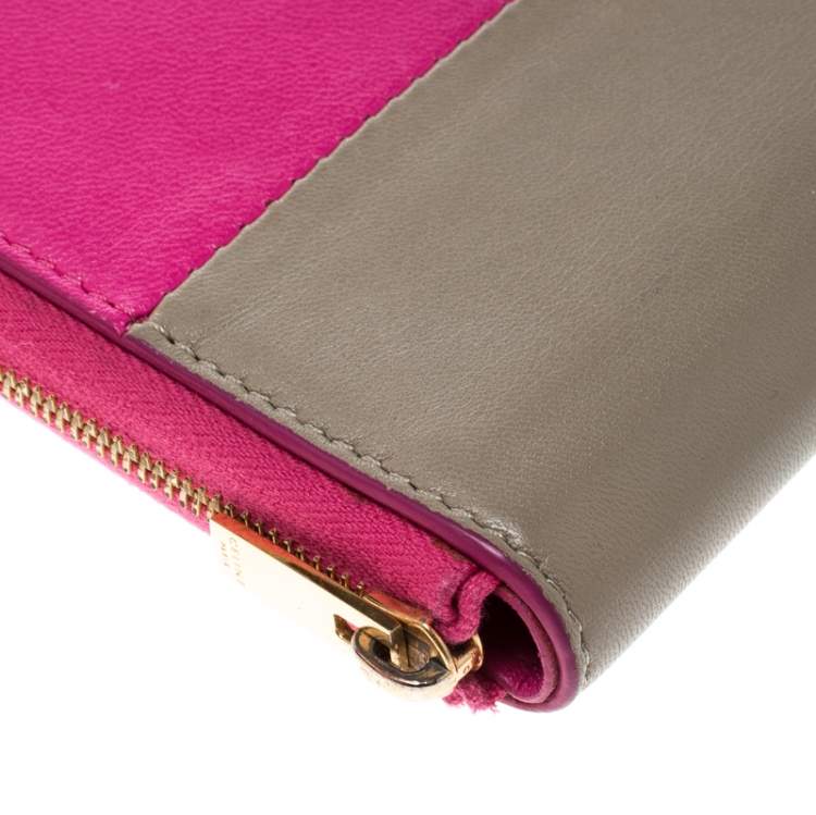 Pre Owned Celine Pink/Beige Leather Zip Around Compact Wallet