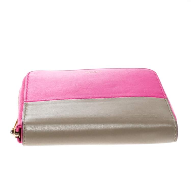 Pre Owned Celine Pink/Beige Leather Zip Around Compact Wallet