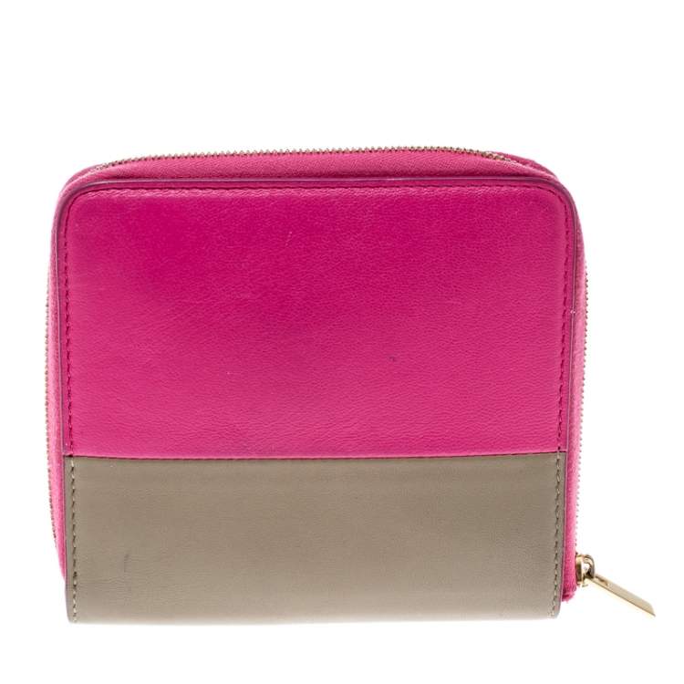 Pre Owned Celine Pink/Beige Leather Zip Around Compact Wallet